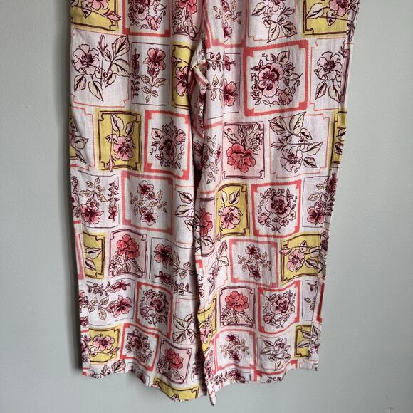 Women's Pants Linen Wide Leg Pink Floral Flowy Pull-on Elastic Waist Eurogirl - Picture 3 of 12